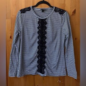 J. Crew Women's Navy Blue Striped Lace Long Sleeve Round Neck Blouse - Size M